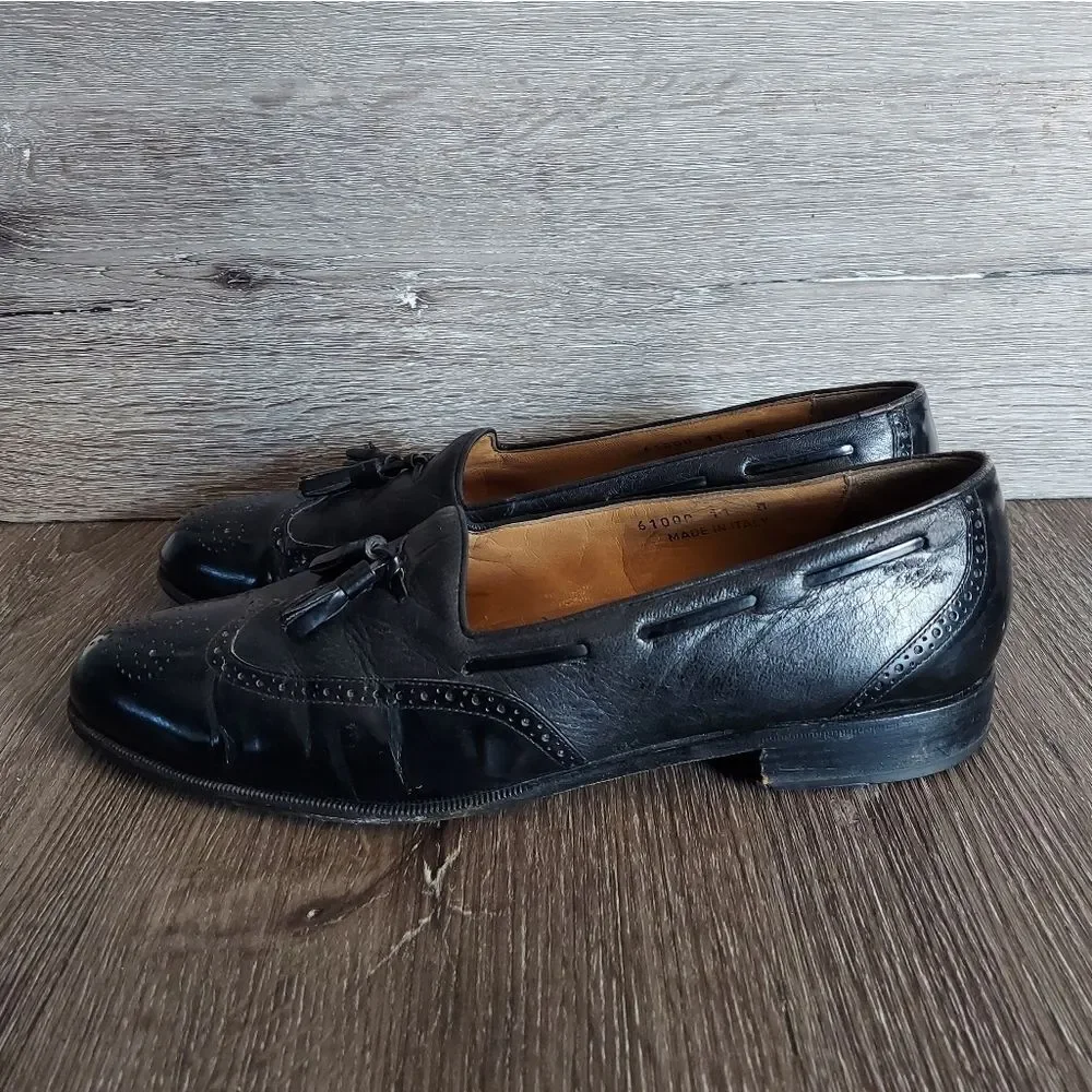 Stamati Mastroianni Hand Made Leather Wing Tip Tassel Loafers Black Size 11